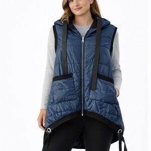 Navy Asymmetrical Hooded Puffer Vest – Size Small – Adjustable Hem Straps